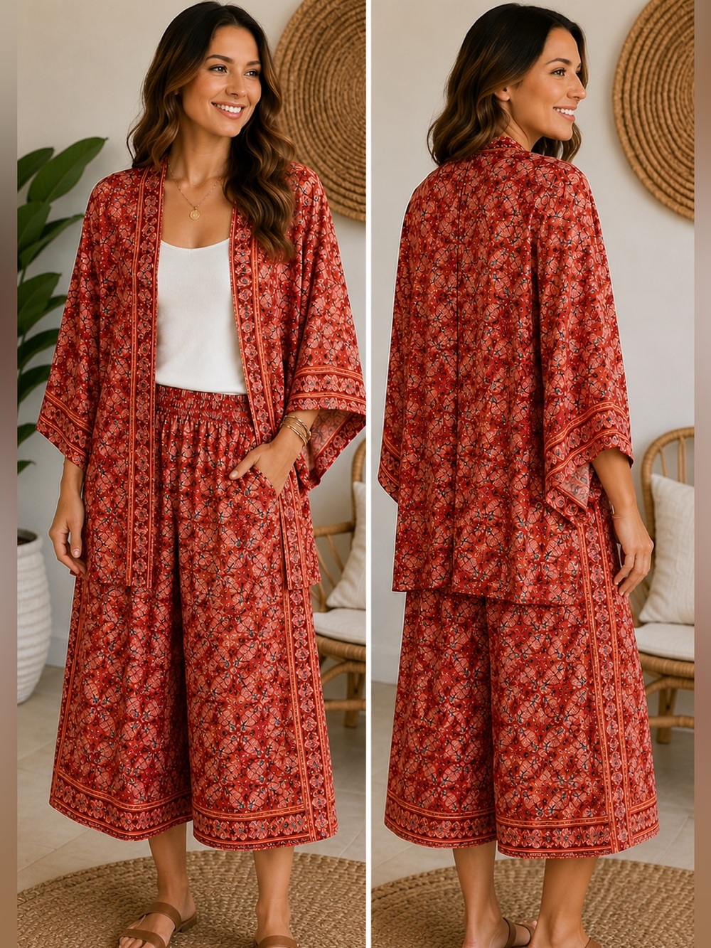 Max Studio XL Boho Printed Kimono & Wide Leg Pants 2-Piece Set